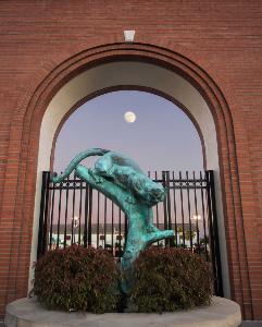 Panther statue in front of the aquatic center, at dusk.